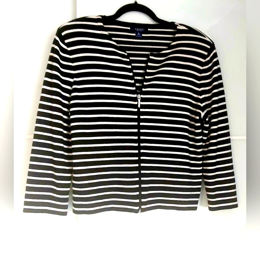 Chaps Black and White Striped Cardigan